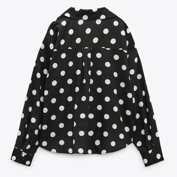 Zara NWT linen black & white polka dot knot front button front long sleeve shirt - Picture 7 of 10